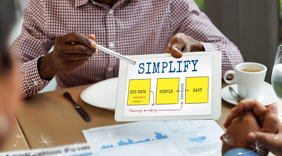 Simplfy Workflow Methods - with an infographic: Big Data box simplifies down to Simple and Easy boxes - shown on a ipad.