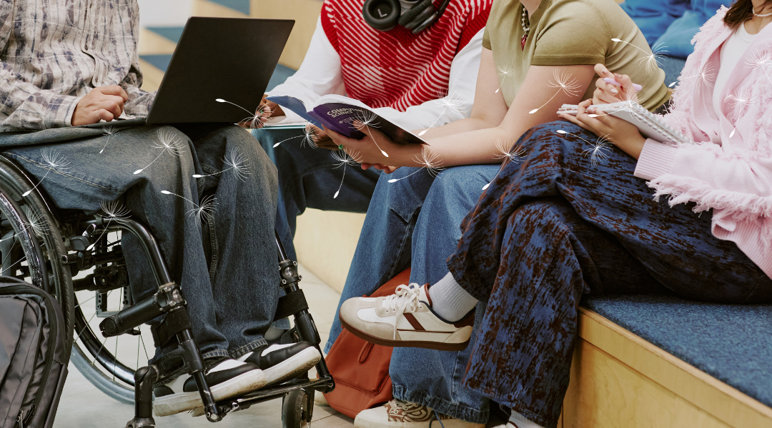 A group of young adults sits together in a modern study space. One person uses a wheelchair and a laptop, while others hold notebooks and a book. They appear to be collaborating or studying. Floating dandelion seeds overlay the image.