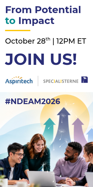 Promotional graphic for Specialisterne USA and Aspiritech’s “From Potential to Impact” event on October 28 at 12 PM ET. The graphic reads “JOIN US!” and “#NDEAM2026” and features a diverse group of colleagues collaborating around a laptop, with colorful upward arrows in the background symbolizing growth and impact.